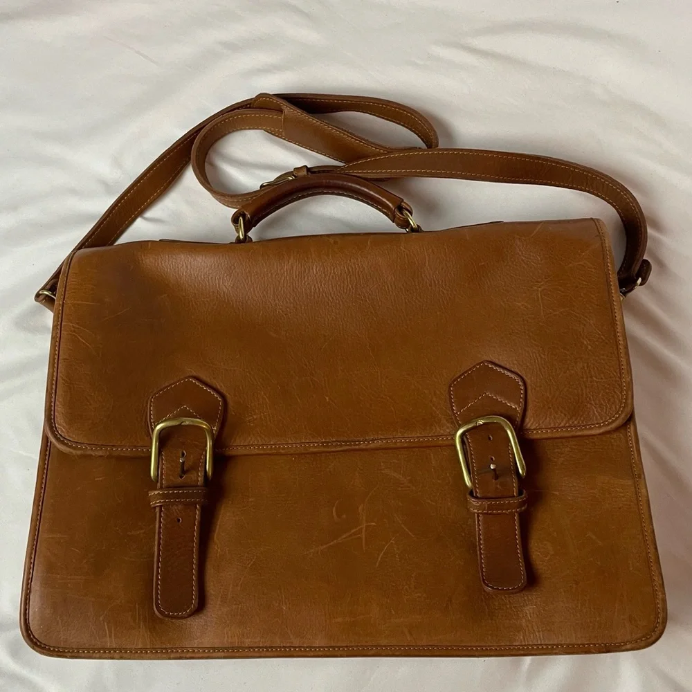 Aston Leather Triple Compartment Briefcase Tan Removable Strap Expanding EUC